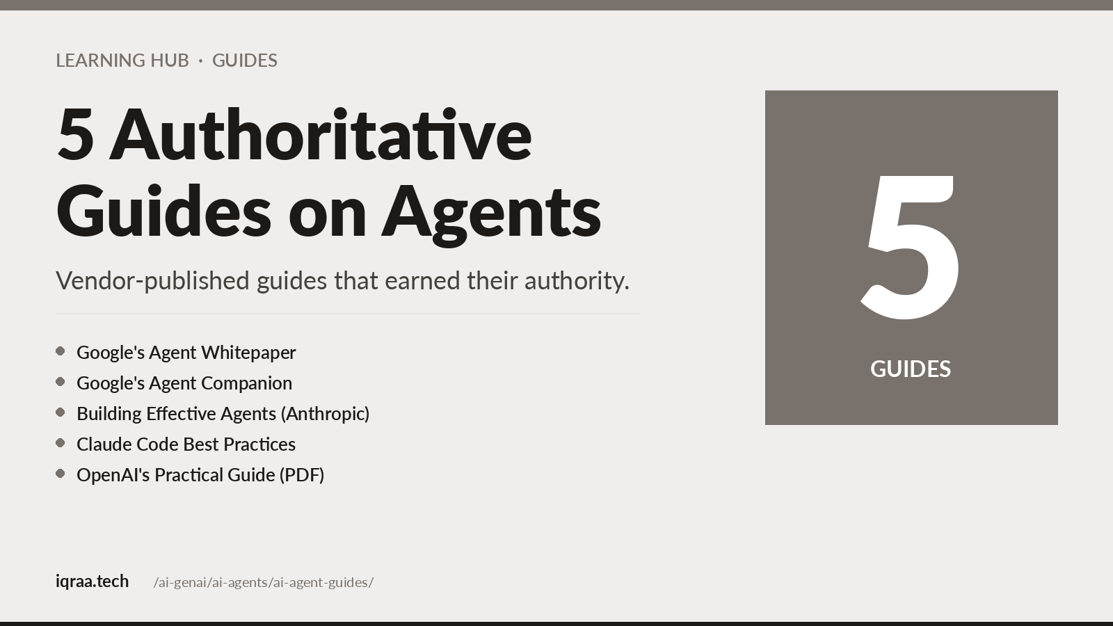 5 authoritative agent guides. Google's Agents and Agent Companion whitepapers, Anthropic's Building Effective Agents and Claude Code best practices, OpenAI's Practical Guide PDF