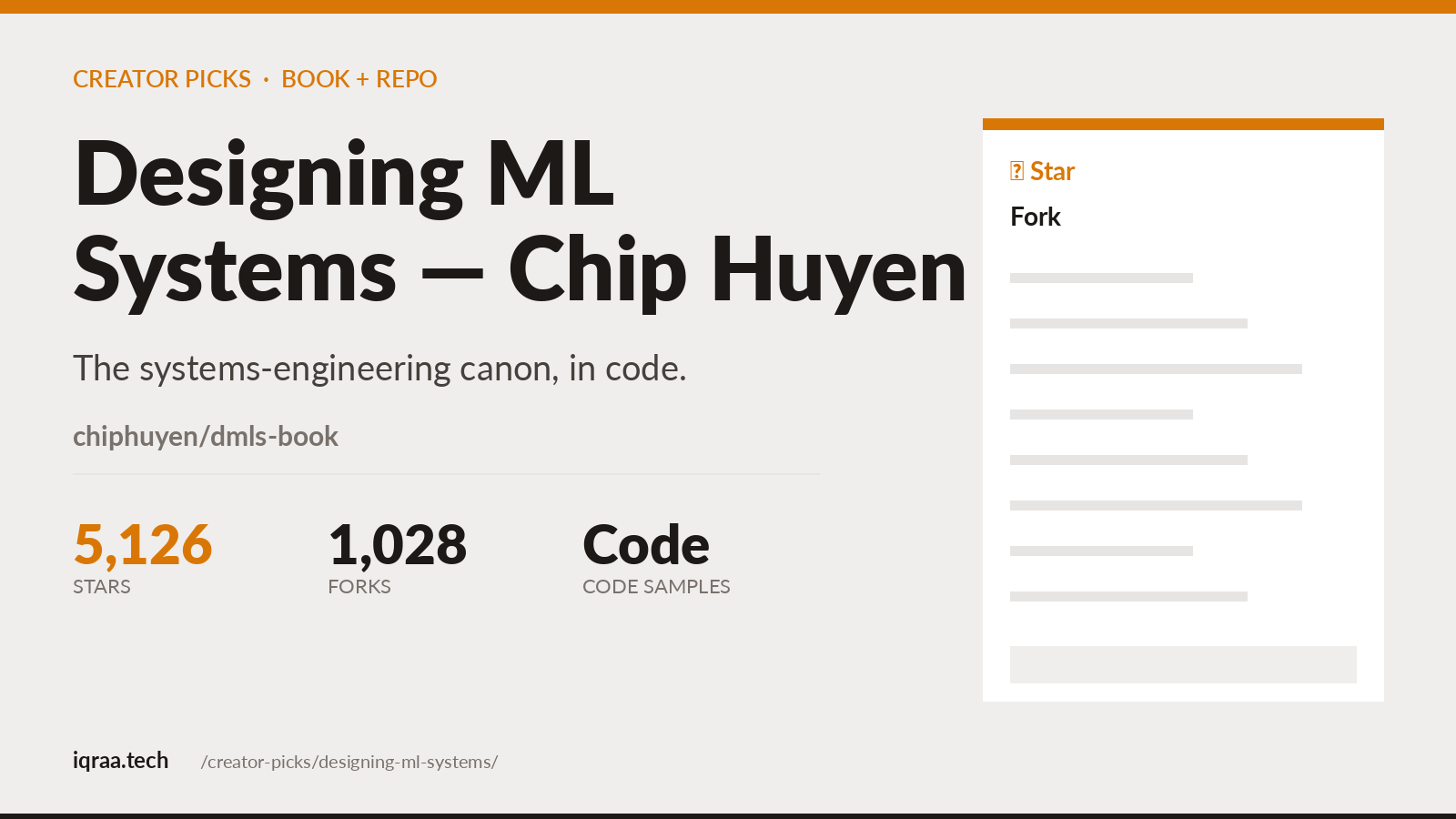 Designing Machine Learning Systems by Chip Huyen, code companion repository, the ML systems engineering canon