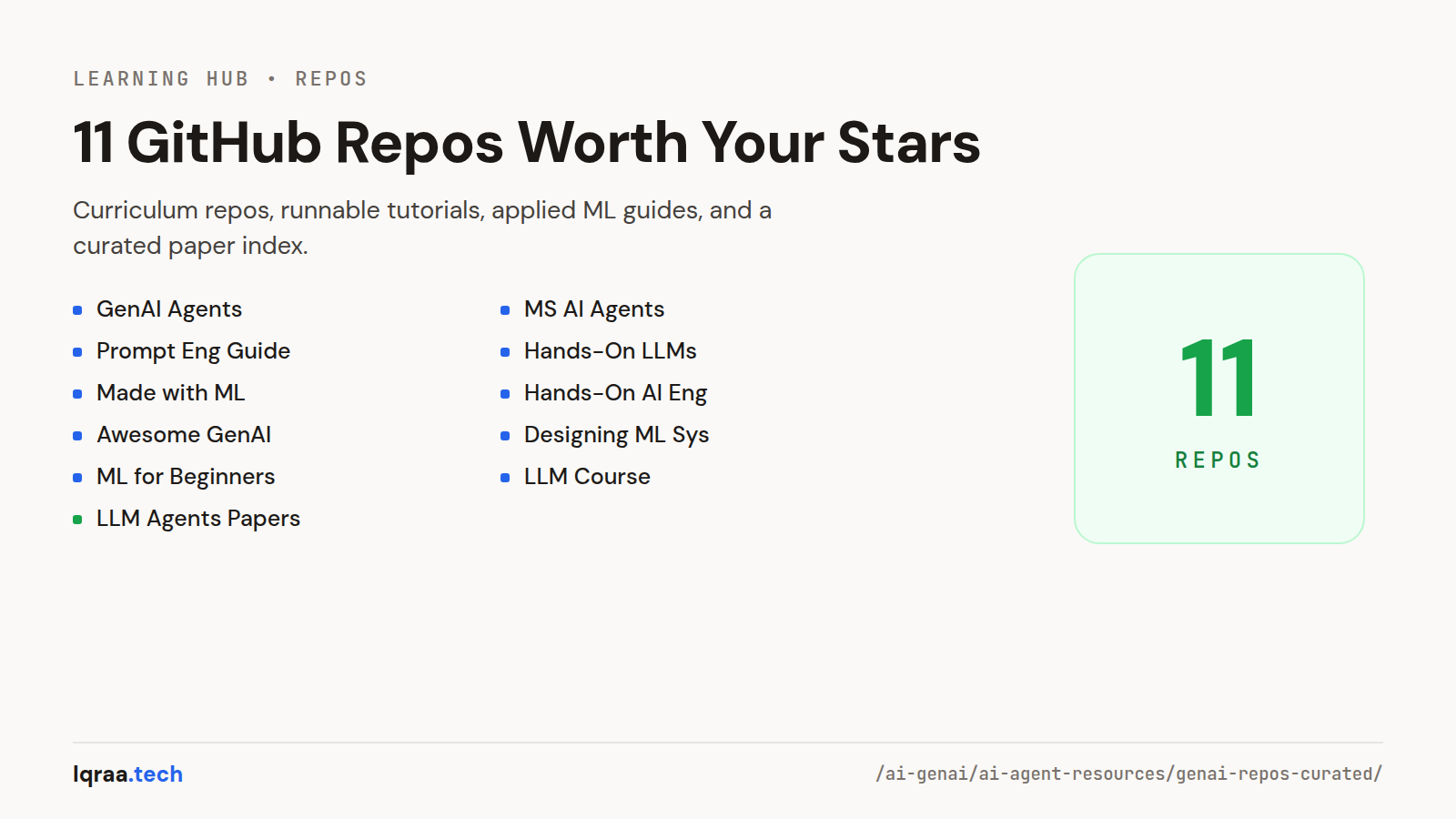 11 GitHub repos worth your stars. GenAI Agents, Microsoft AI Agents for Beginners, Prompt Engineering Guide, Made with ML, mlabonne LLM Course, LLM Agents Papers and more, with live star counts