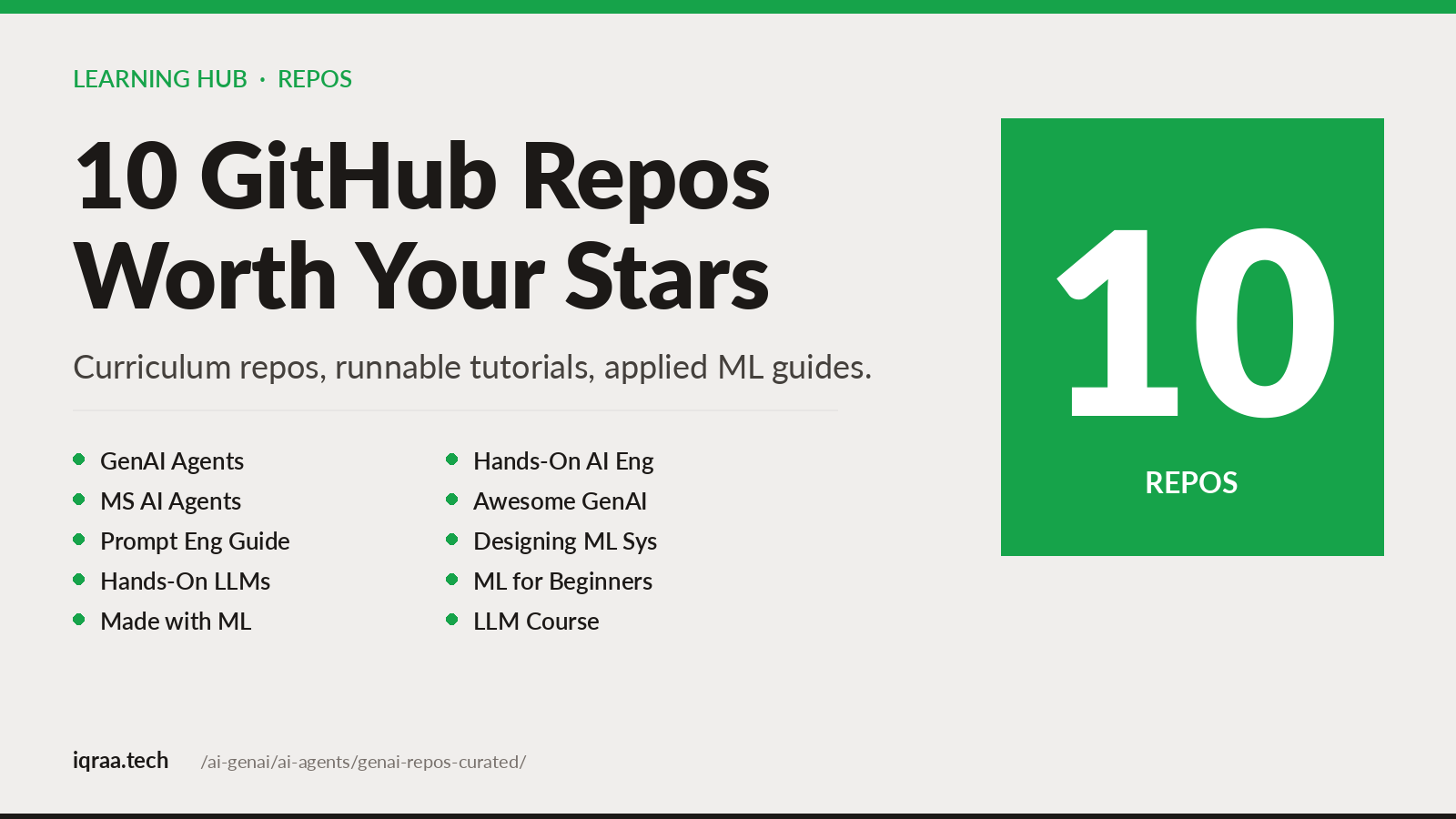 10 GitHub repos worth your stars. GenAI Agents, Microsoft AI Agents for Beginners, Prompt Engineering Guide, Made with ML, mlabonne LLM Course and more, with live star counts