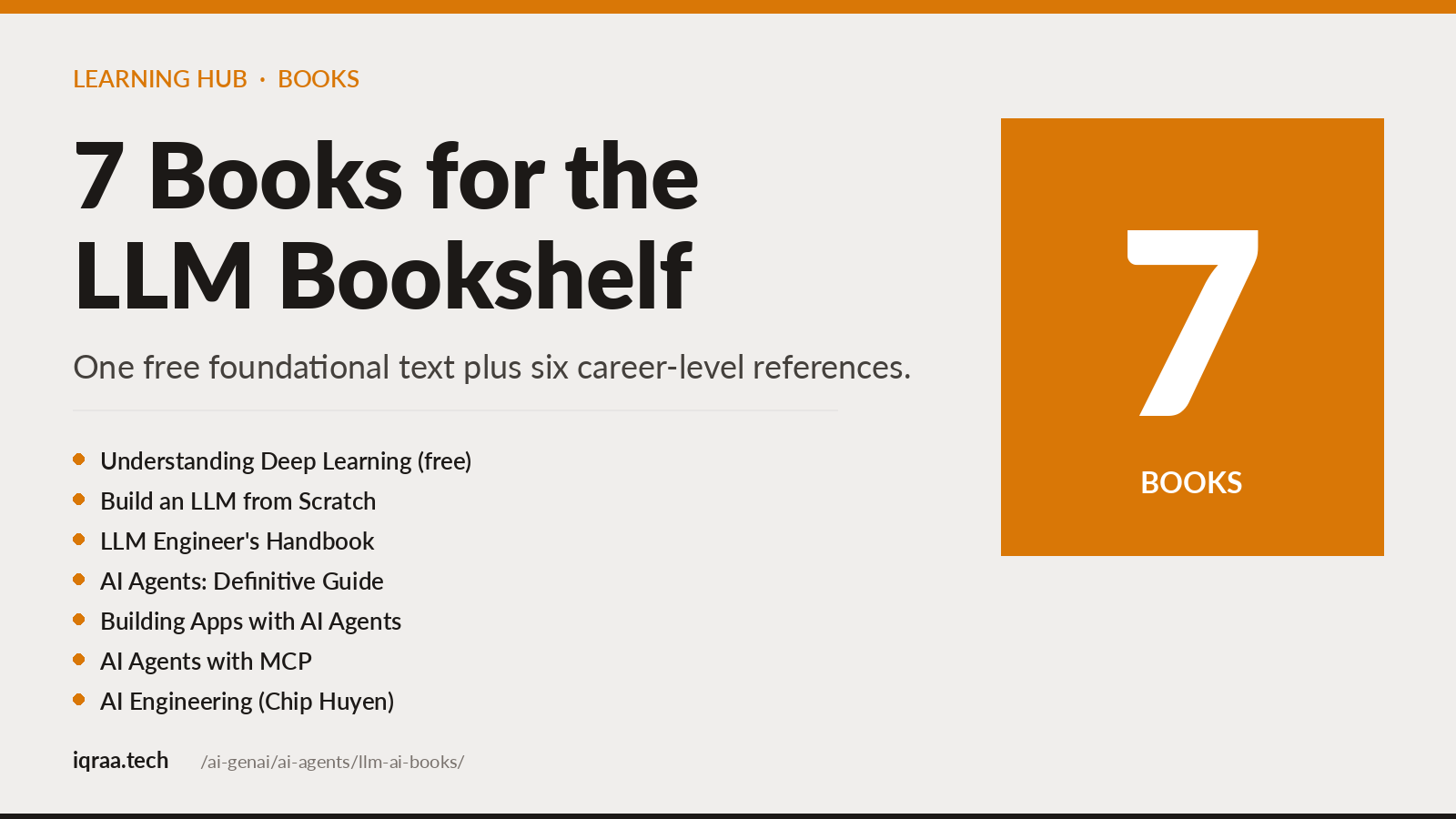 7 books for the LLM bookshelf. Understanding Deep Learning (free), Build an LLM from Scratch (Manning), O'Reilly LLM Engineer's Handbook, AI Agents Definitive Guide, Building Applications with AI Agents, AI Agents with MCP, AI Engineering by Chip Huyen