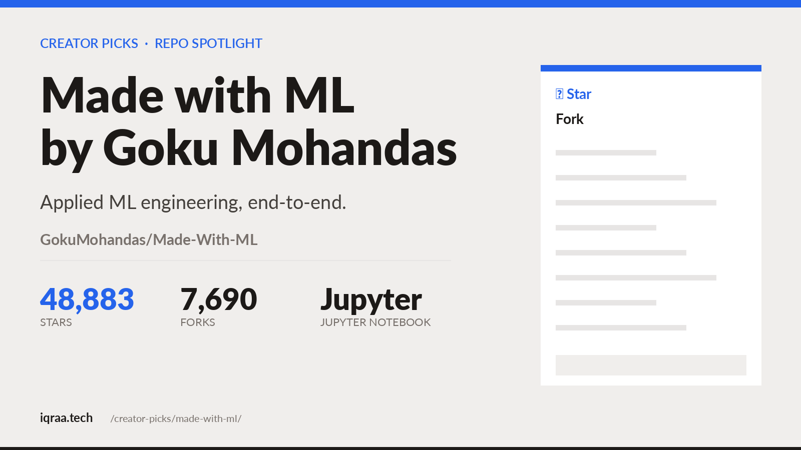 Made with ML by Goku Mohandas, applied ML engineering curriculum, 48,883 stars on GitHub