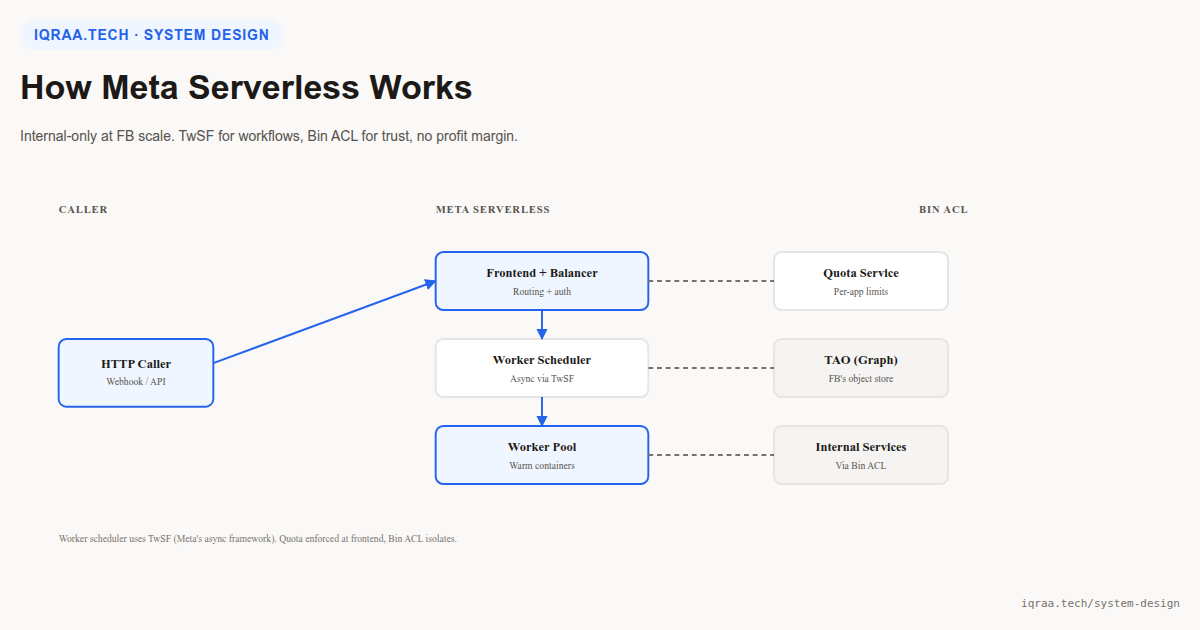 How Meta serverless works: architecture diagram showing frontend balancer, TwSF worker scheduler, warm container pool, quota service, and TAO graph store