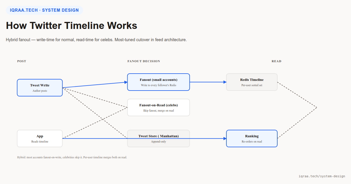 How Twitter timeline works: architecture diagram showing fanout-on-write for normal users, fanout-on-read for celebrities, Redis timeline cache, and ranking ML