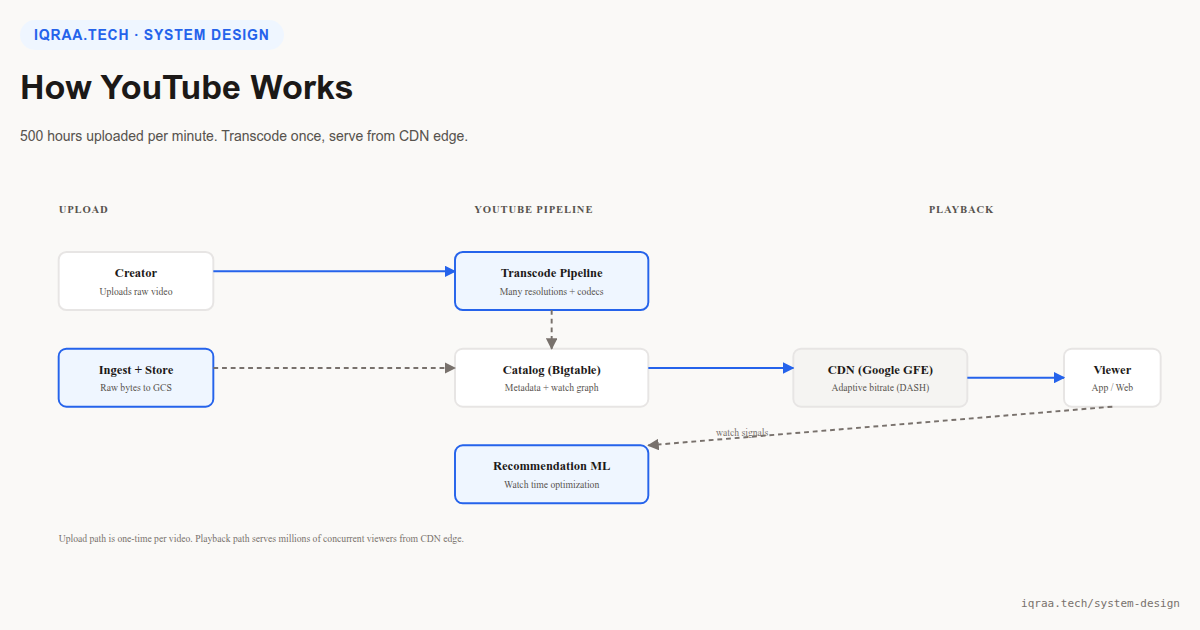 How YouTube works: architecture diagram showing upload transcoding pipeline, Bigtable catalog, recommendation ML, and CDN edge serving adaptive bitrate to viewers