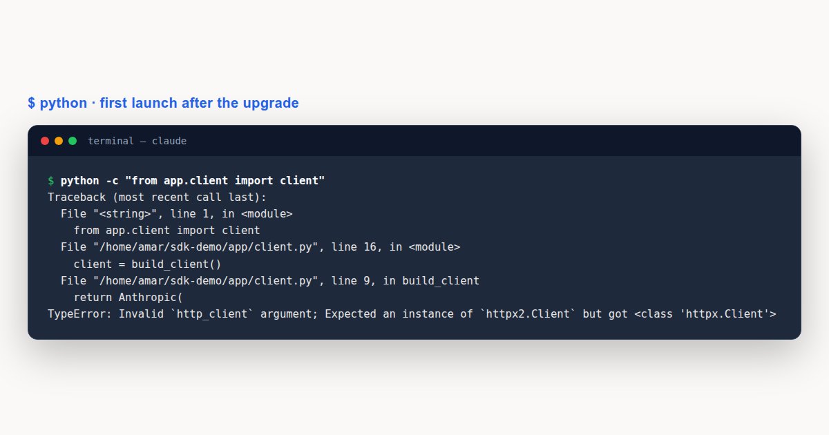 Python SDK 1.0 TypeError raised when an old httpx Client is passed to the upgraded client