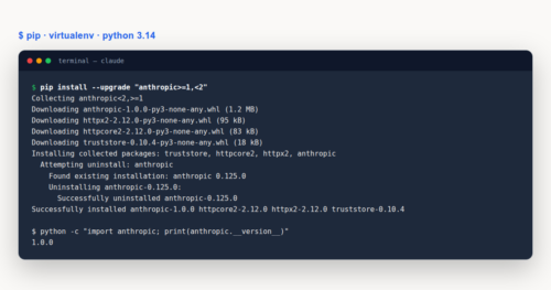 Python SDK 1.0 upgrade installing anthropic 1.0.0 with httpx2 in a terminal window