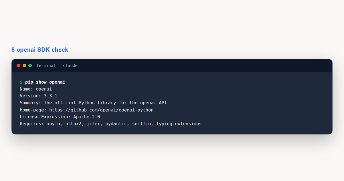 Assistants API migration begins with the OpenAI Python SDK, shown via pip show openai
