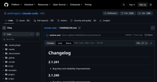 The Claude Code changelog on GitHub listing releases 2.1.241 and 2.1.240 in the anthropics/claude-code repository