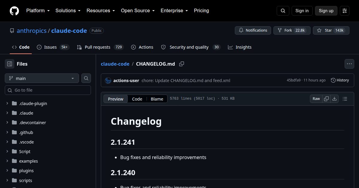 The Claude Code changelog on GitHub listing releases 2.1.241 and 2.1.240 in the anthropics/claude-code repository