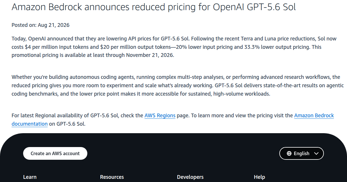 AWS announcement of reduced GPT-5.6 Sol pricing on Amazon Bedrock, dated August 21, 2026
