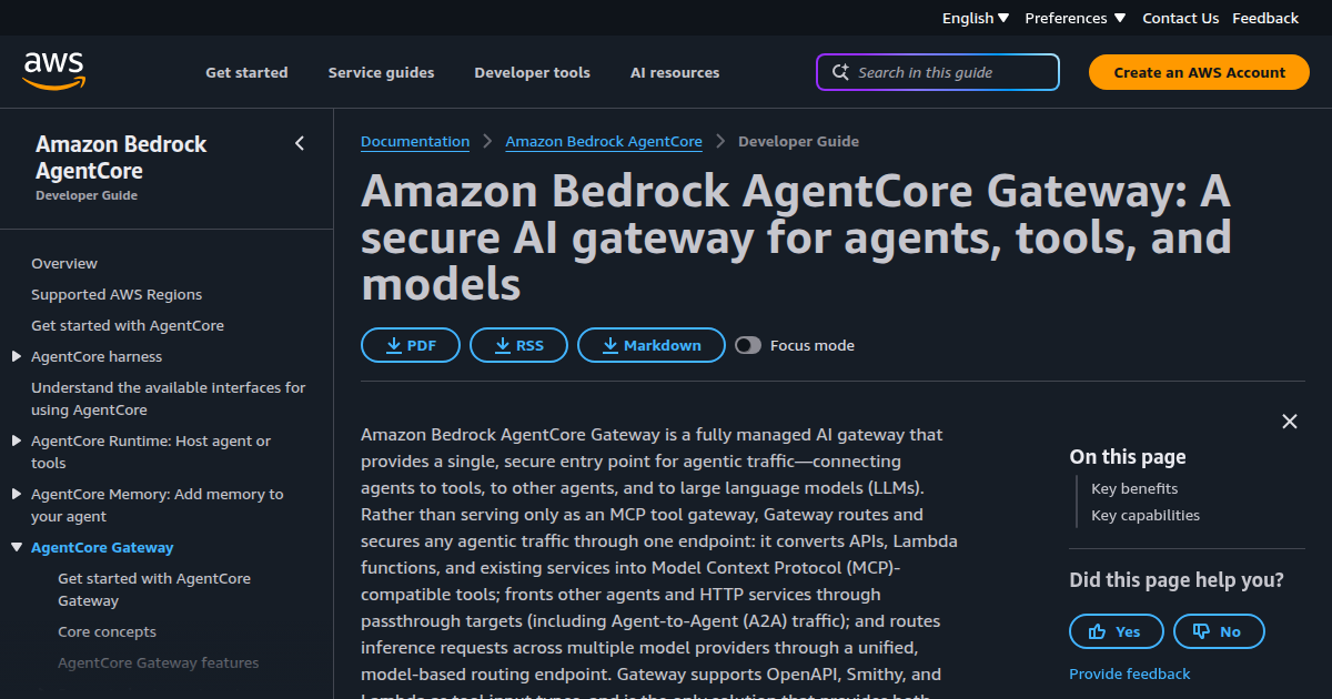 AgentCore Gateway page in the Amazon Bedrock AgentCore developer guide describing the managed gateway, MCP tool conversion, and its key capabilities