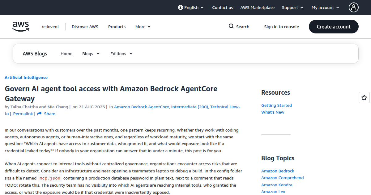 The AWS Machine Learning Blog post introducing AgentCore Gateway tool access governance by Talha Chattha and Mia Chang, dated 21 AUG 2026