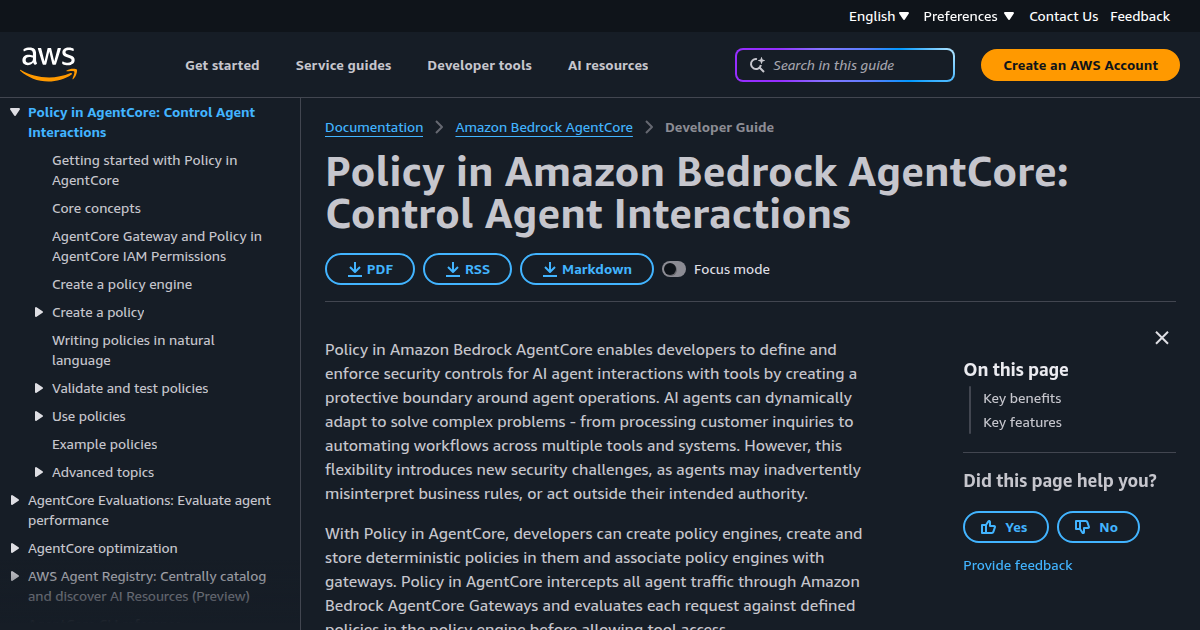 AgentCore Gateway policy engine page in the Amazon Bedrock AgentCore developer guide covering Cedar policies, natural language authoring, and audit logging